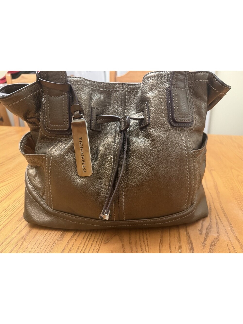 Tignanello Pebbled Leather 2 Strap Shoulder Handbag Gold  Magnetic Closure
